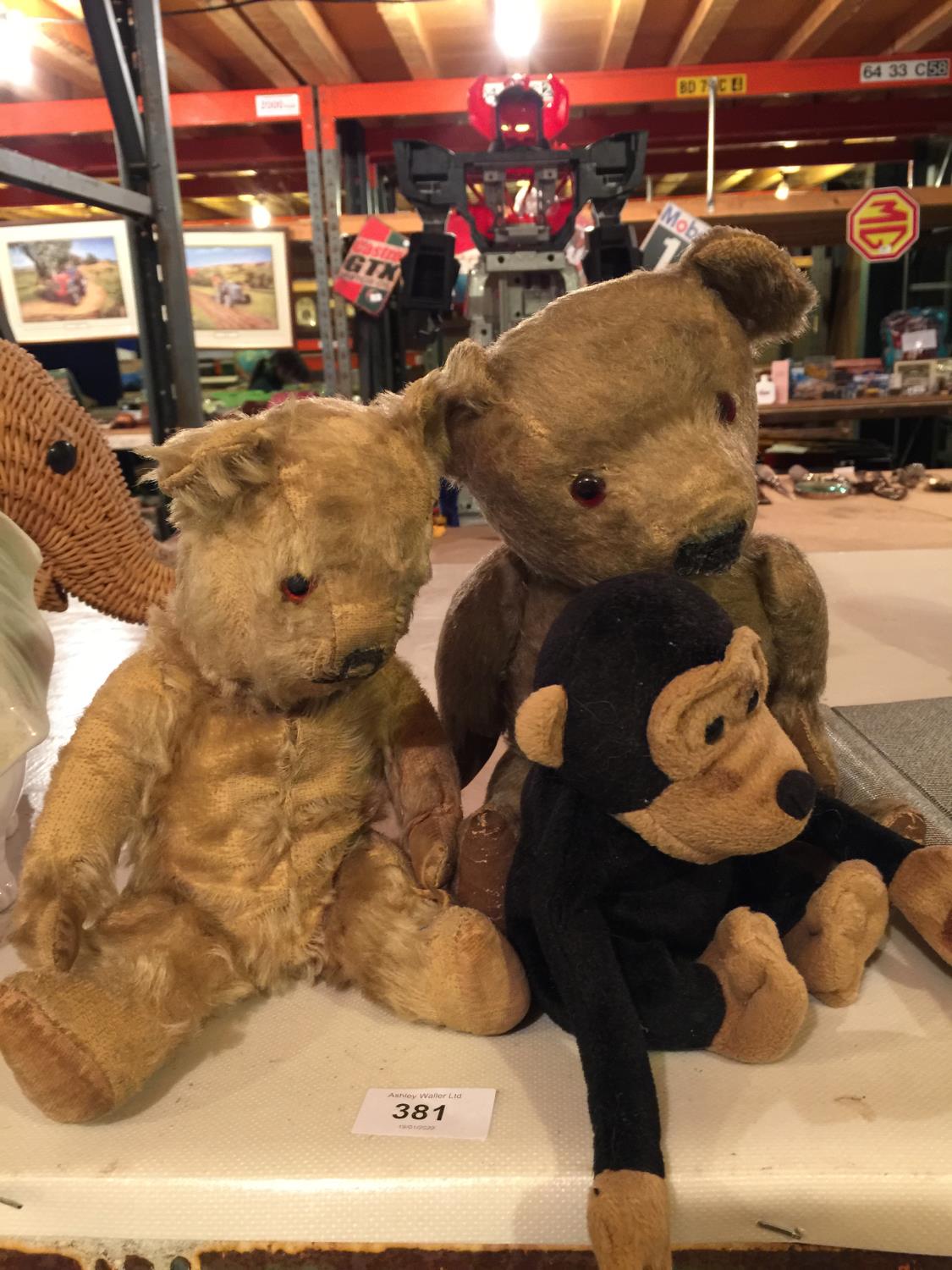 TWO VINTAGE TEDDY BEARS AND A MONKEY