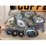 A QUANTITY OF BLUE AND WHITE POTTERY TO INCLUDE BOOTHS, WOOD & SONS 'YUAN', STAFFORDSHIRE POTTERY,