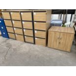 A COLLECTION OF OFFICE FURNITURE TO INCLUDE A LOCKABLE CUPBOARD, FOUR WOODEN FOUR DRAWER FILING
