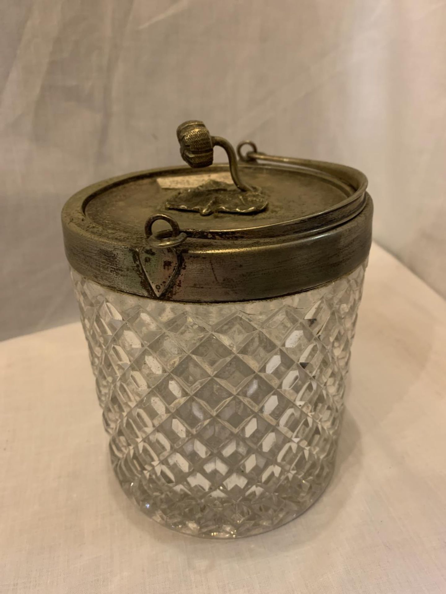 A BISCUIT BARREL BY PERCIVAL VICKERS MANCHESTER DIAMOND LOZENGE CUT GLASS AND A SILVER PLATED LID, - Image 2 of 3