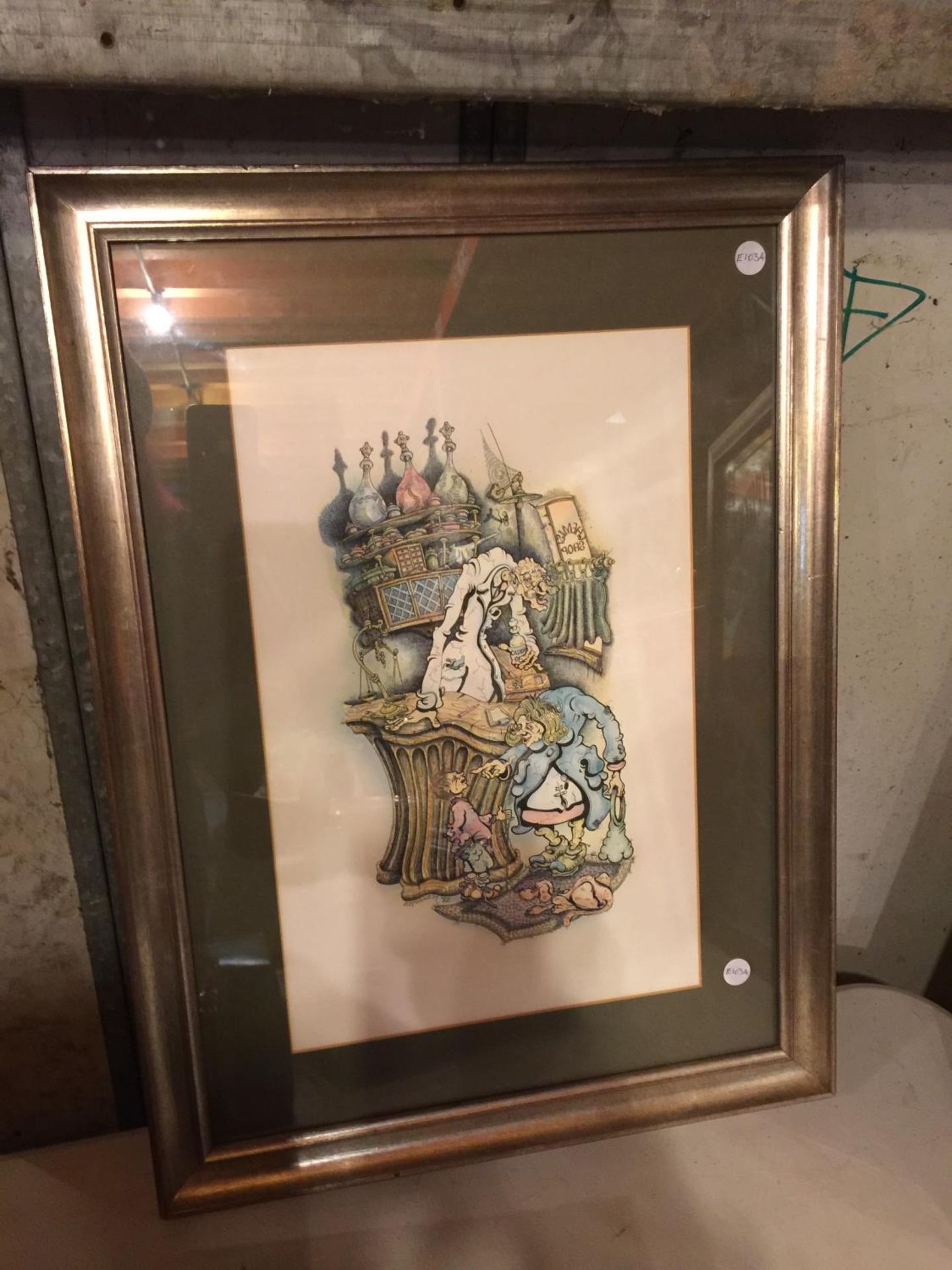 A FRAMED CARTOON PICTURE OF A CHEMISTS SHOP