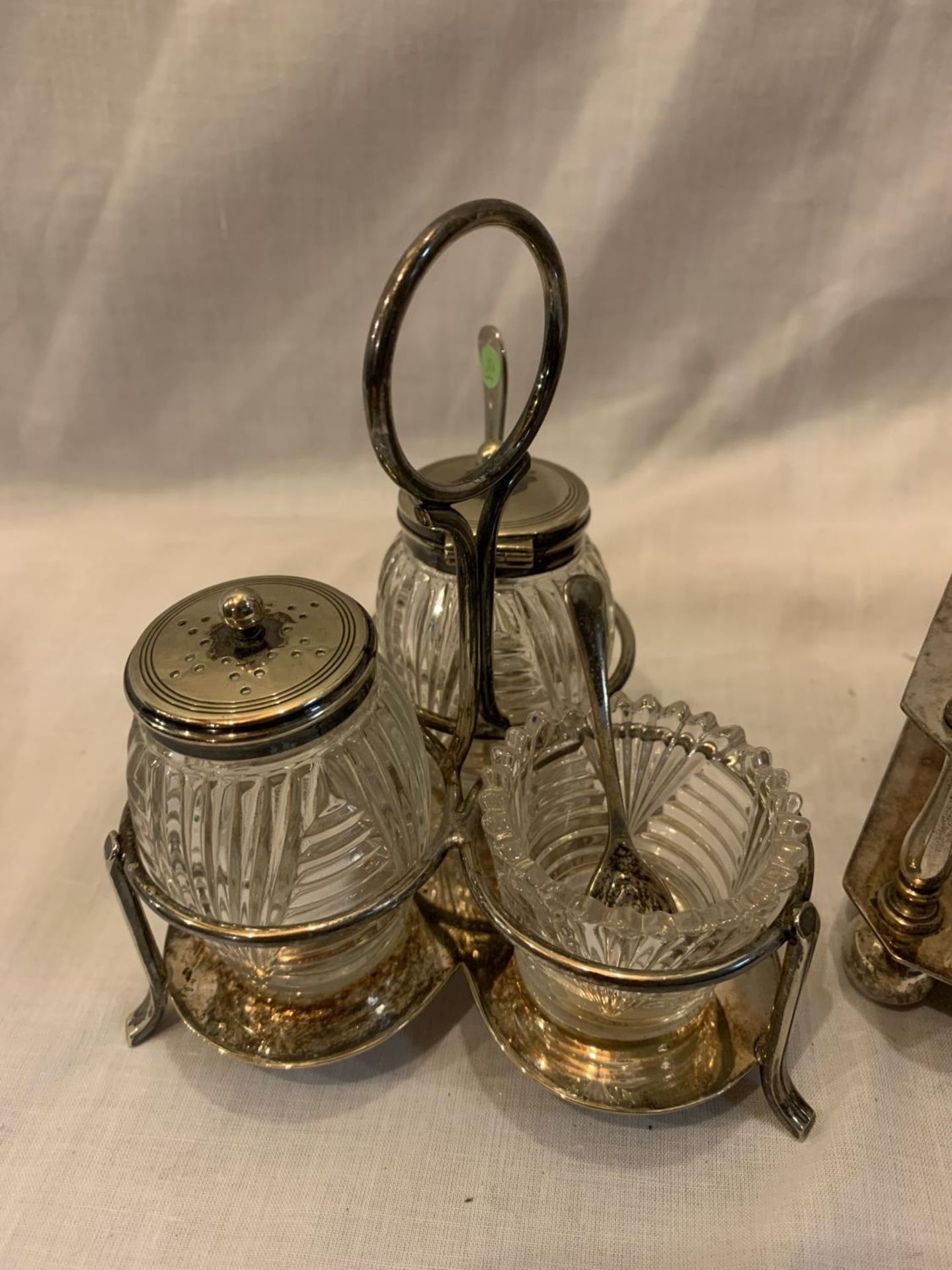 TWO PERCIVAL VICKERS MANCHESTER CUT GLASS CRUET SETS ON STANDS ONE THREE PIECE AND ONE FOUR - Image 2 of 5