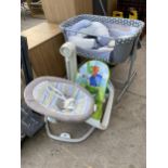 AN ASSORTMENT OF CHILDRENS ITEMS TO INCLUDE A MYBABIIE CRIB, A SWING SEAT AND A BATH ETC