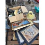 AN ASSORTMENT OF HOUSEHOLD CLEARANCE ITEMS TO INCLUDE PRINTS AND PICTURES ETC