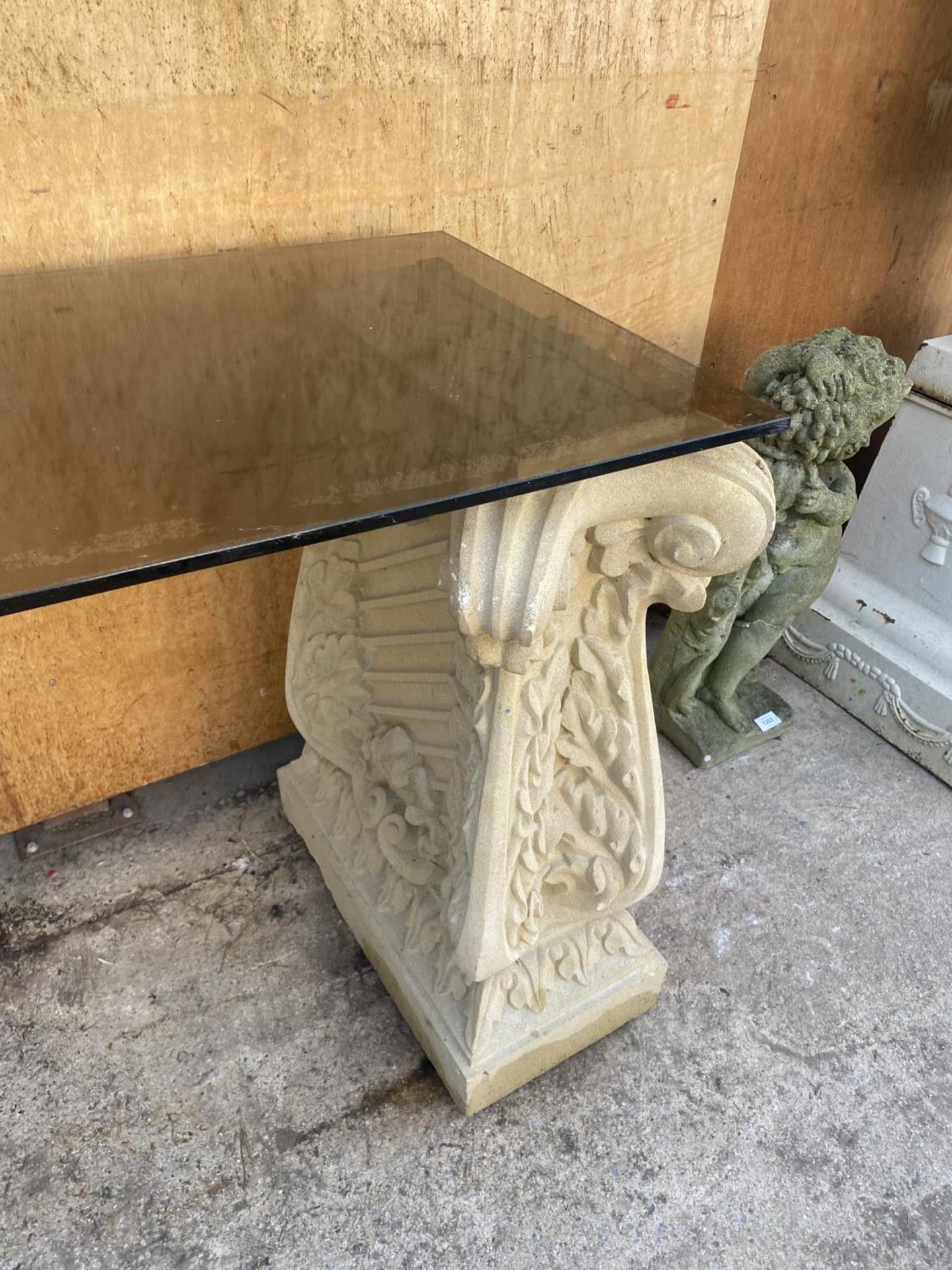 A GLASS TOPPED TABLE WITH RECONSTITUTED STONE PEDASTEL BASES (L:121CM H:73CM) - Image 3 of 5