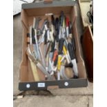 AN ASSORTMENT OF KITCHEN UTENSILS AND FLATWARE ETC