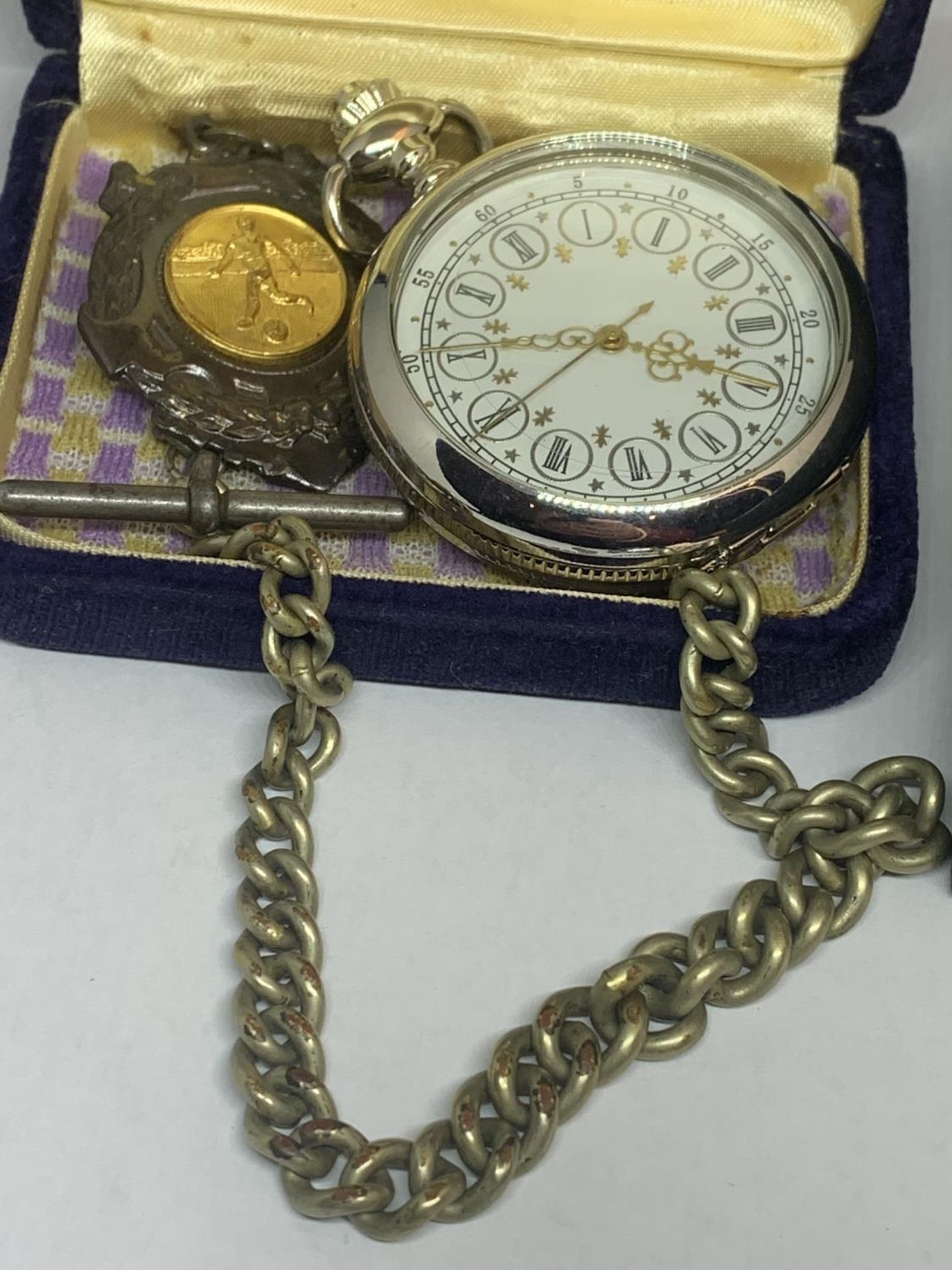 THREE VARIOUS POCKETS WATCHES - ONE WITH CHAIN AND FOOTBALL MEDAL FOB, ONE WITH CHAIN AND ST - Image 4 of 7