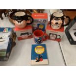 THREE BOXED BEANO MUGS TO INCLUDE DENNIS THE MENACE AND GNASHER PLUS A BEANO BOOK
