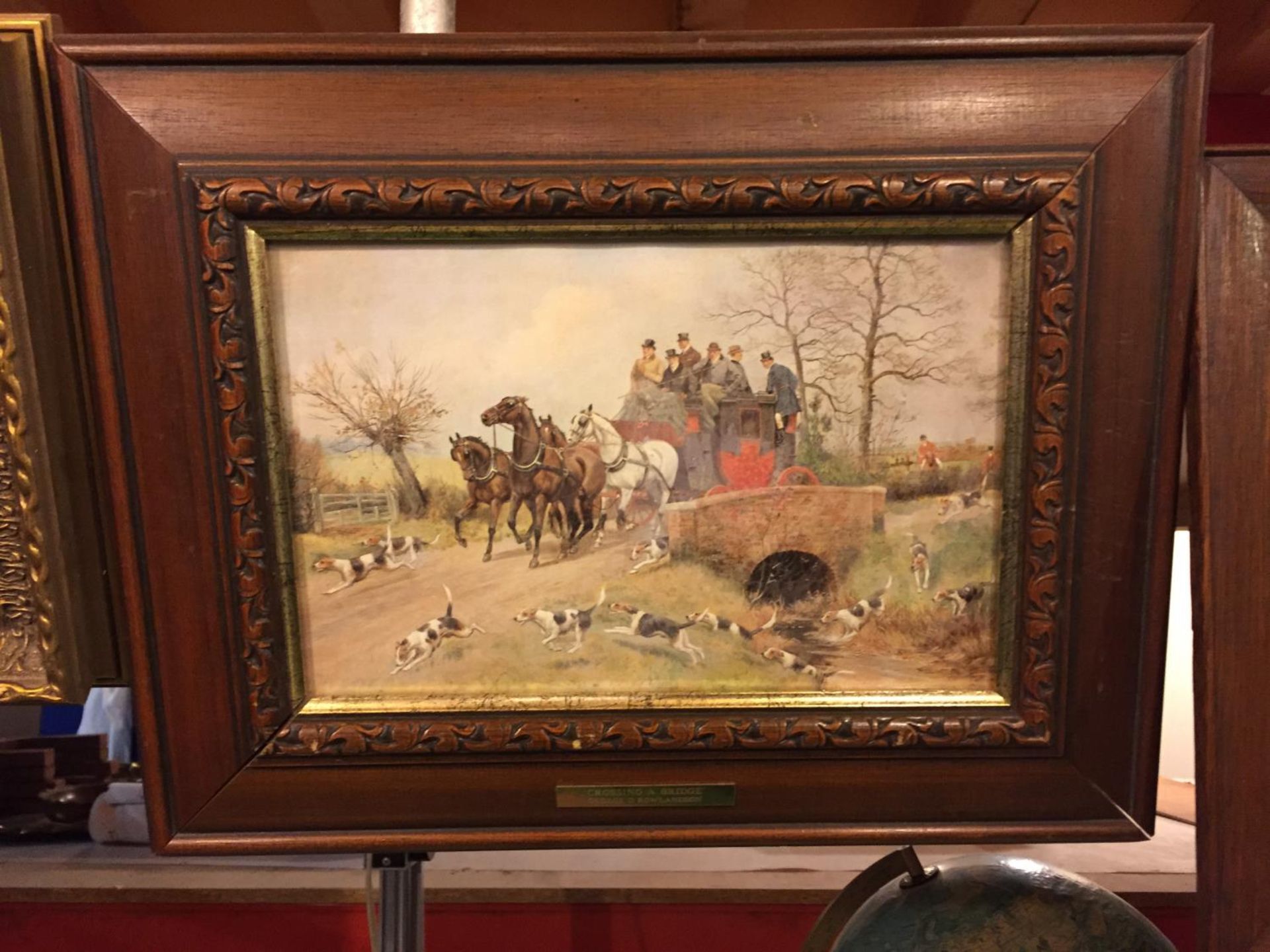 FOUR WOODEN FRAMED AND ONE GILT FRAMED PICTURES OF HUNTING SCENES - Image 2 of 5