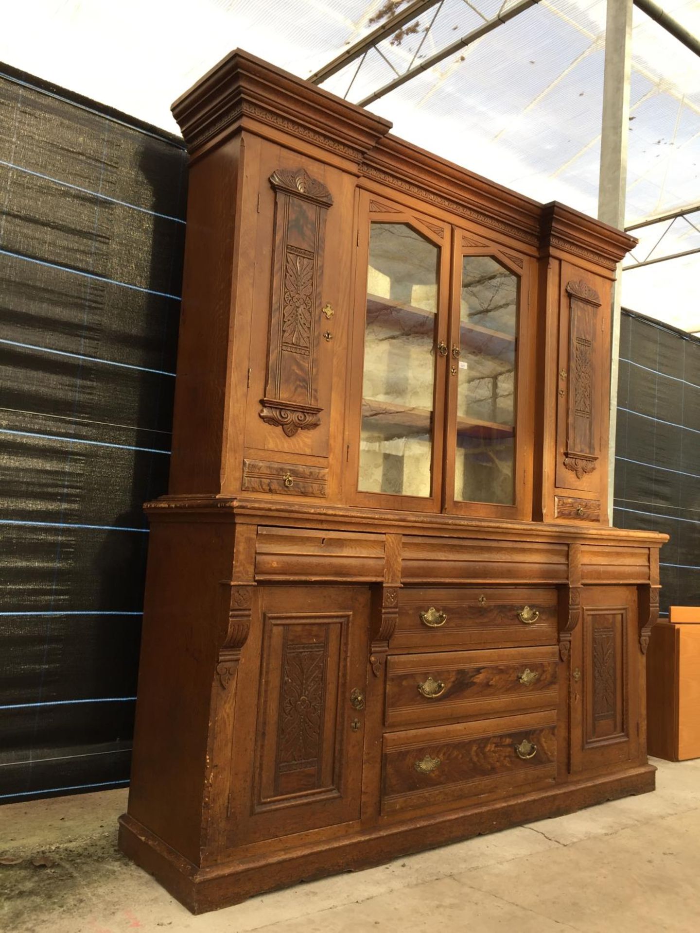 A VICTORIAN SCUMBLED PINE DRESSER, 74" WIDE, WITH INVERTED BREAKFRONT UPPER PORTION, HAVING PANELLED - Image 2 of 10