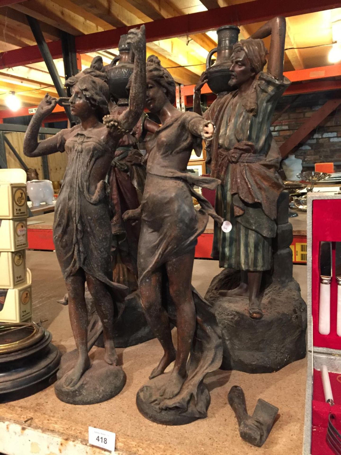 FOUR FIGURINES TO INCLUDE TWO CLASSICAL STYLE WOODEN ONES, SIZE 55CM, AND TWO SPELTER LADIES SIZE - Image 3 of 3