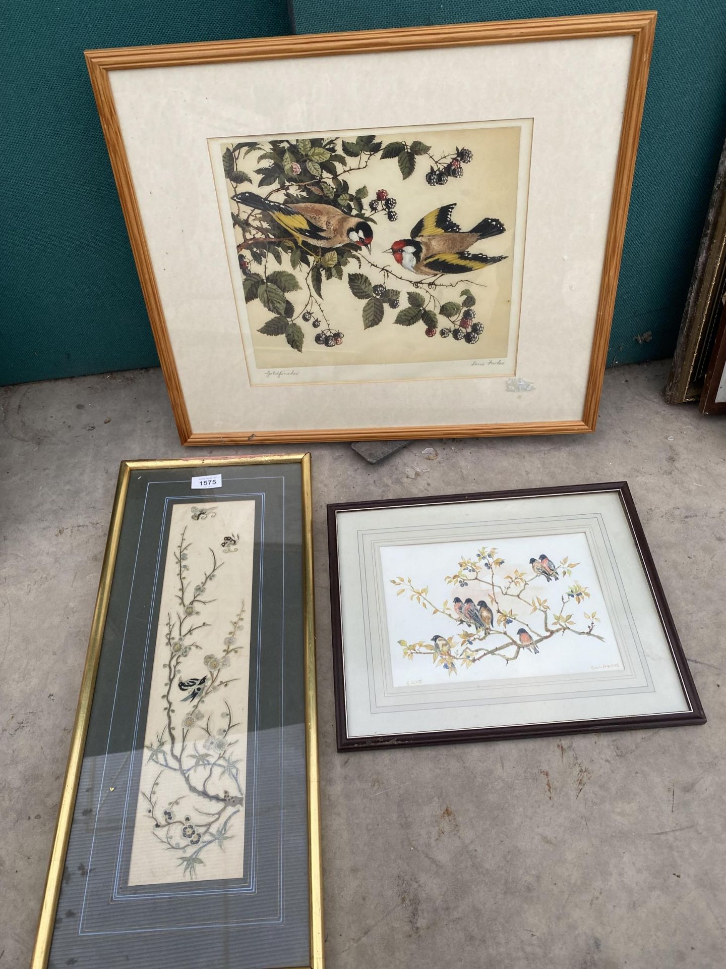 A DORIS FOWLES GOLDFINCHES PRINT, G.SCOTT BULL FINCHES PICTURE AND SILK PICTURE DEPICTING BIRDS - Image 2 of 3