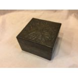 A PEWTER CARD BOX WITH BUTTERFLY DECORATION TO INCLUDE PLAYING CARDS