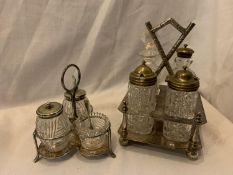 TWO PERCIVAL VICKERS MANCHESTER CUT GLASS CRUET SETS ON STANDS ONE THREE PIECE AND ONE FOUR