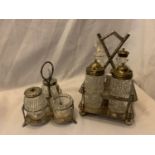 TWO PERCIVAL VICKERS MANCHESTER CUT GLASS CRUET SETS ON STANDS ONE THREE PIECE AND ONE FOUR