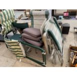 AN ASSORTMENT OF FOLDING GARDEN CHAIRS AND CUSHIONS