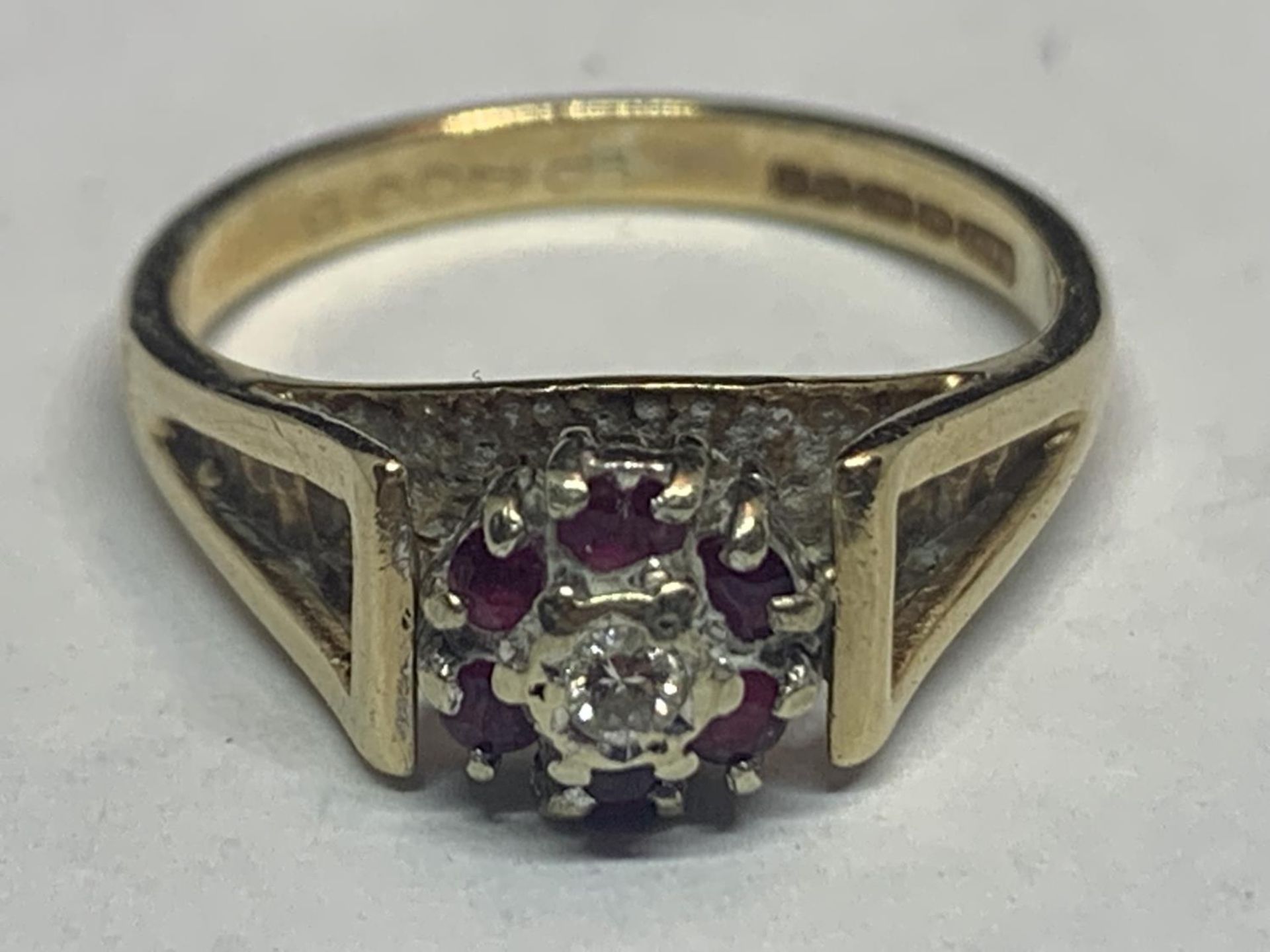 A 9 CARAT GOLD DIAMOND AND RUBY CLUSTER RING SIZE L/M