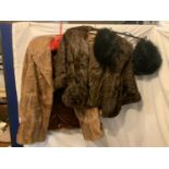 TWO BLACK FUR HATS, A CROPPED FUR JACKET AND A KENDAL MILNE MANCHESTER FUR COAT