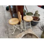 THREE FOLDING WOODEN TOPPED STOOLS WITH METAL LEGS