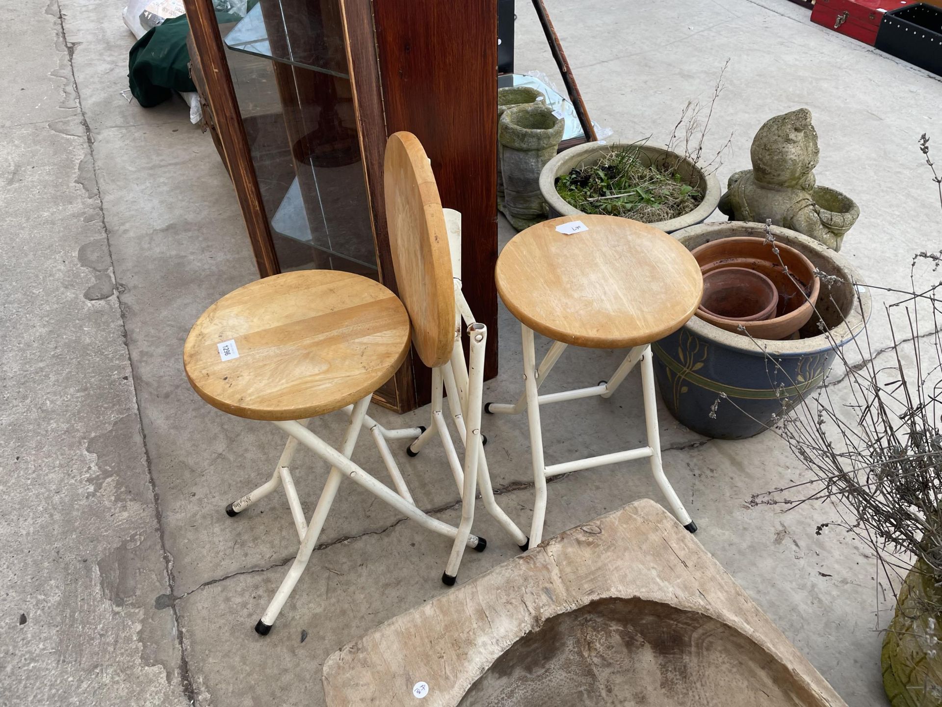 THREE FOLDING WOODEN TOPPED STOOLS WITH METAL LEGS