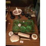 A GREEN GLASS DRESSING TABLE SET, BRUSH SET, SCENT BOTTLES, TRINKET BOXES, ETC