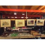 FOUR FRAMED PRINTS OF HUNTING SCENES AND ONE UNFRAMED