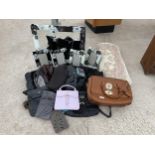 AN ASSORTMENT OF ITEMS TO INCLUDE A RUG, A SELECTION OF LADIES HANDBAGS AND AN ASSORTMENT OF PICTURE