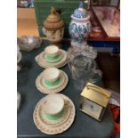 THREE SHELLEY TRIOS IN A GREEN AND GOLD COLOURED DESIGN, A SANDWICH PLATE AND FIVE OTHER ITEMS TO