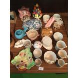 A COLLECTION OF CERAMICS TO INCLUDE, A MUSICAL RED RIDING HOOD HOUSE, CUPS, ETC