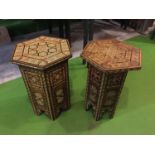 A NEAR PAIR OF MOROCCAN MOSAIC INLAID TABLES HEIGHT APPROX 50CM