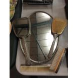 A REGENT OF LONDON MIRRORED TRAY WITH BRUSHES, A COMB AND A HAND HELD MIRROR