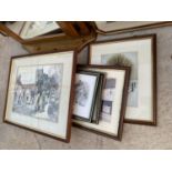 A LARGE QUANTITY OF FRAMED PICTURES, PRINTS AND MIRRORS TO INCLUDE A PINE FRAMED SWING MIRROR