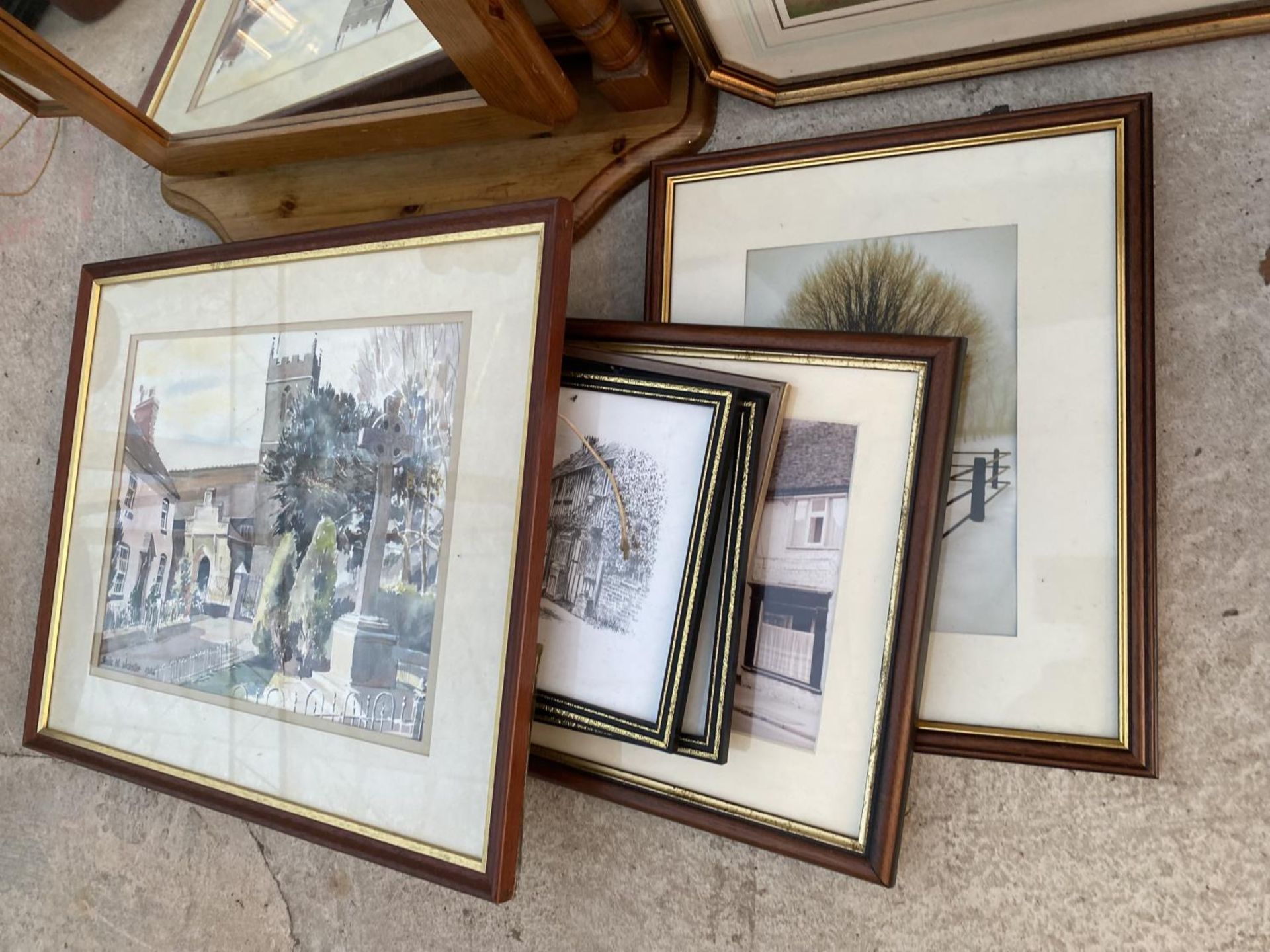 A LARGE QUANTITY OF FRAMED PICTURES, PRINTS AND MIRRORS TO INCLUDE A PINE FRAMED SWING MIRROR