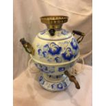 AN ENAMEL BLUE AND WHITE ELECTRIC TEA URN - INCOMPLETE