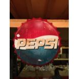 A TIN PEPSI BOTTLE TOP SIGN