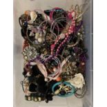 A BOX OF COSTUME JEWELLERY TO INCLUDE, BRACELETS, BANGLES, NECKLACES, ETC