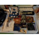 A QUANTITY OF COLLECTABLE ITEMS TO INCLUDE, VINTAGE GLASSES, OPERA GLASSES, FLATWARE, SHEET MUSIC,