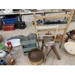 AN ASSORTMENT OF ITEMS TO INCLUDE A TWO RUNG WOODEN STEP KLADDER, TWO CLOTHES AIRERS AND A RIVER PAN
