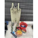 AN ASSORTMENT OF ITEMS TO INCLUDE WADERS, JUMP LEADS AND HOSE PIPE ETC