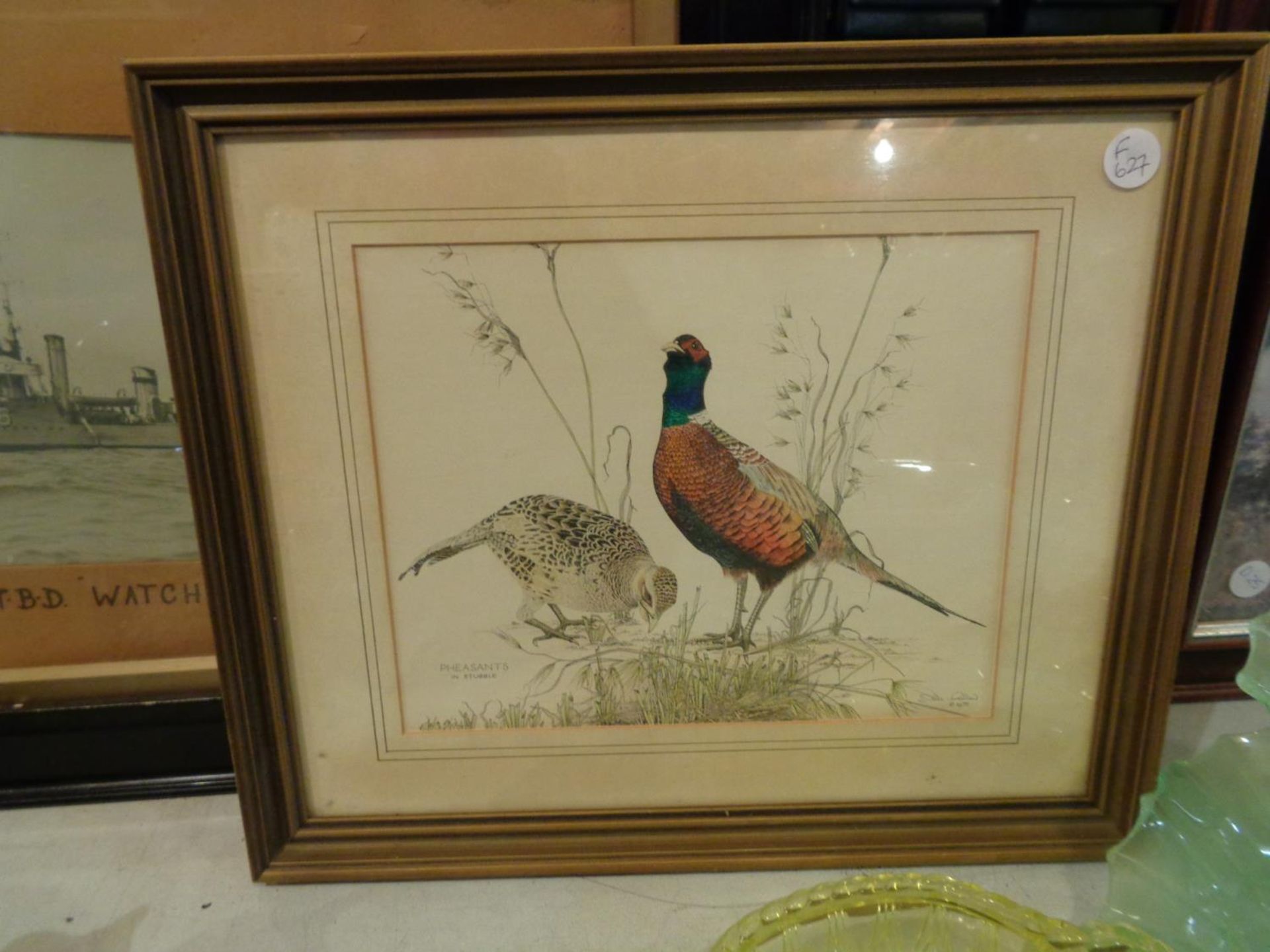 TWO FRAMED PICTURES, ONE OF PHEASANTS IN STUBBLE AND THE OTHER A PHOTO OF H.M.T.B.D. 'WATCHMAN' - Image 2 of 3