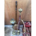 AN ASSORTMENT OF ITEMS TO INCLUDE A COPPER BED WARMING PAN, A BRASS CANDLE HOLDER AND A SISHA PIPE