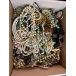 A BOX OF COSTUME JEWELLERY TO INCLUDE, BEADS, NECKLACES, BRACELETS, EARRINGS, ETC