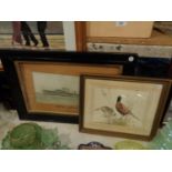 TWO FRAMED PICTURES, ONE OF PHEASANTS IN STUBBLE AND THE OTHER A PHOTO OF H.M.T.B.D. 'WATCHMAN'