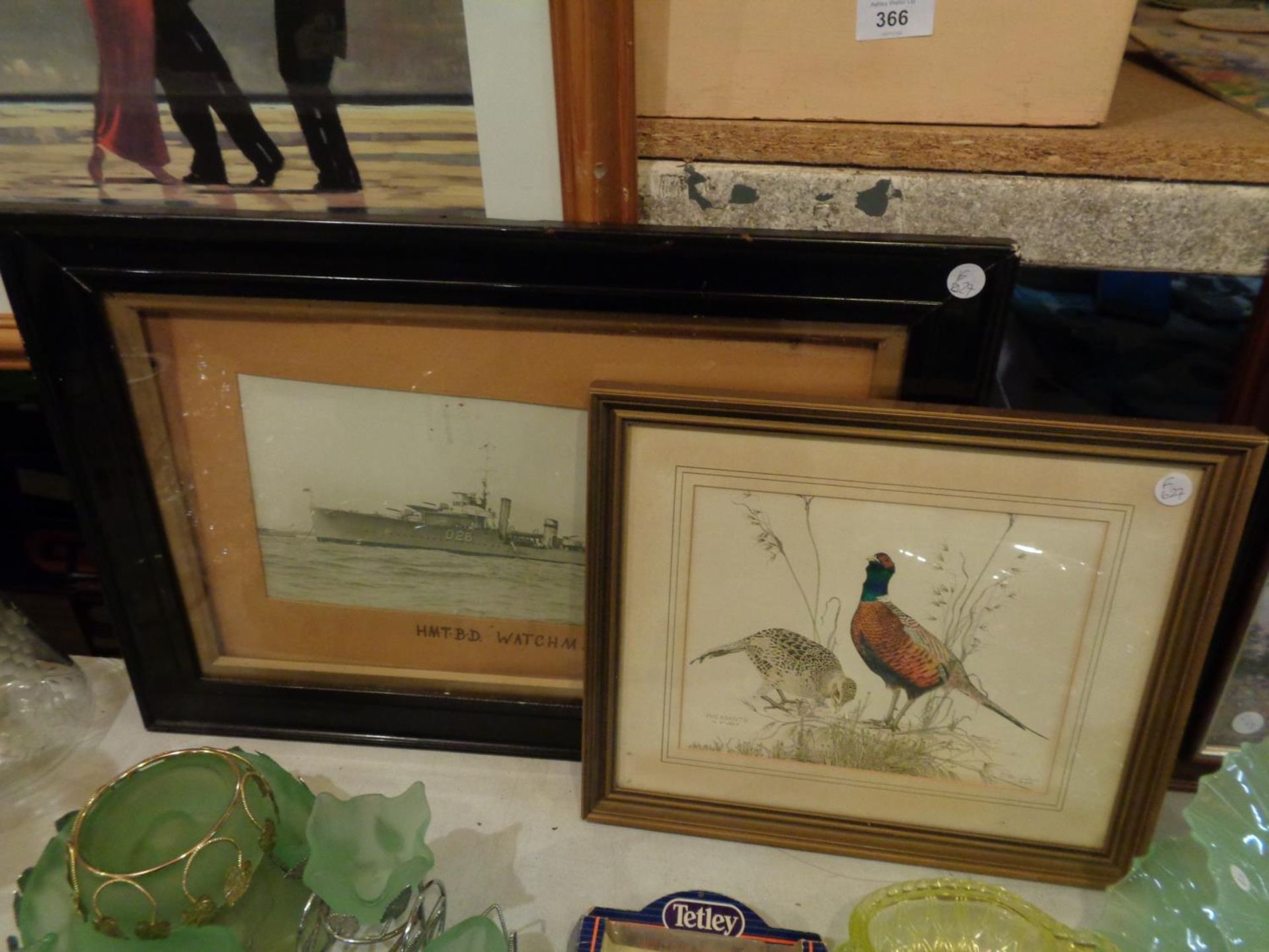 TWO FRAMED PICTURES, ONE OF PHEASANTS IN STUBBLE AND THE OTHER A PHOTO OF H.M.T.B.D. 'WATCHMAN'