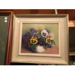 A FRAMED PICTURE OF PANSIES IN A VASE SIGNED K WILD
