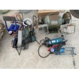 A LARGE ASSORTMENT OF POWER TOOLS TO INCLUDE A BENCH GRINDER, A MAKITA ANGLE GRINDER AND A
