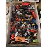 A LARGE BOX OF TOY VEHICLES TO INCLUDE MONSTER TRUCKS, SPORTS CARS, LORRIES ETC