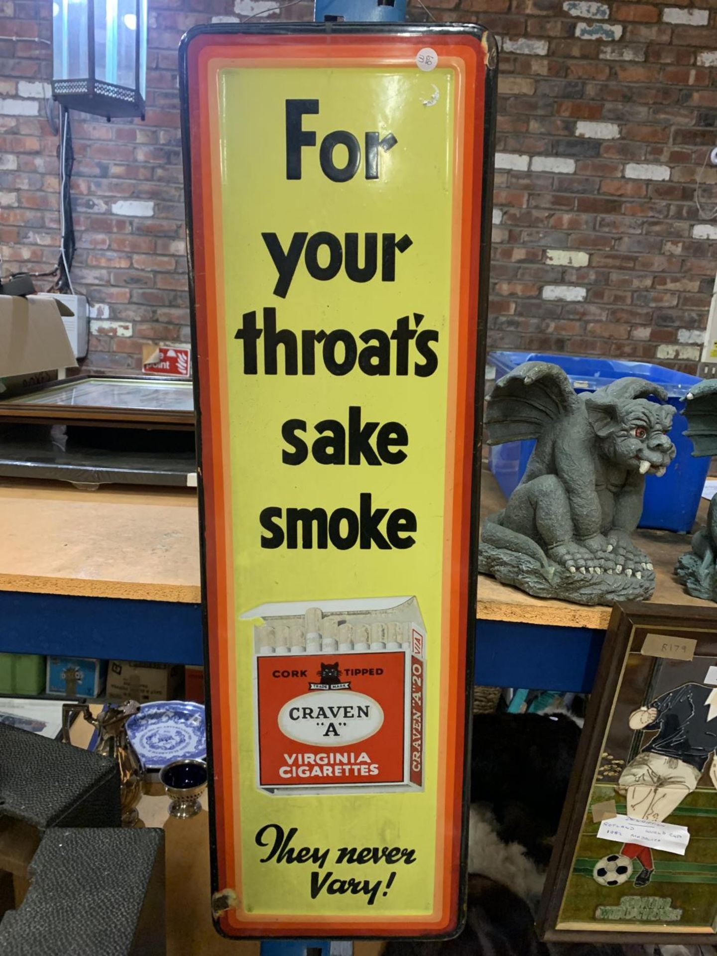 AN ENAMEL CRAVEN A FOR YOUR THROATS SAKE SMOKE SIGN 95CM X 29CM