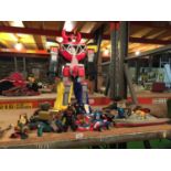 A LARGE POWER RANGER THAT TRANSFORMS, A TANK, SPIDERMAN, SUPERHERO FIGURES