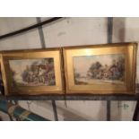 TWO GILT FRAMED WATRCOLOUR PAINTINGS OF COTTAGES ON A LANE BY HUGHES CLAYTON